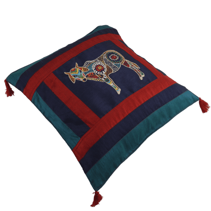 Indha Hand Embroidered Cushion Cover Cow Embroidery | Dupion Silk Cushion Cover |  Corporate Gifting | Home Furnishing | Home Improvement | Home Decor | Set of 2,16x16 Inches Cushion Cover