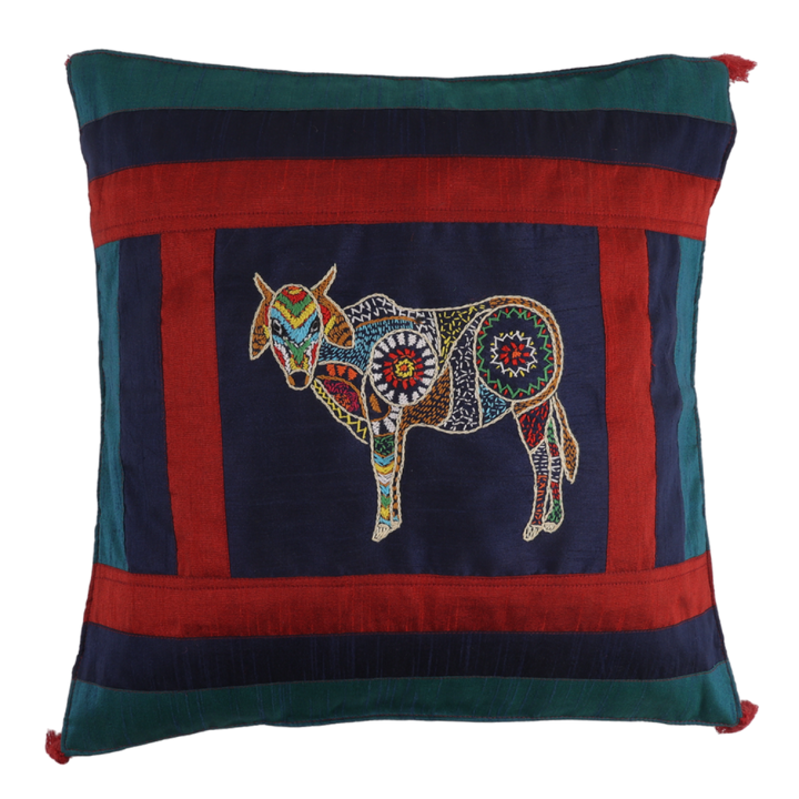 Indha Hand Embroidered Cushion Cover Cow Embroidery | Dupion Silk Cushion Cover |  Corporate Gifting | Home Furnishing | Home Improvement | Home Decor | Set of 2,16x16 Inches Cushion Cover
