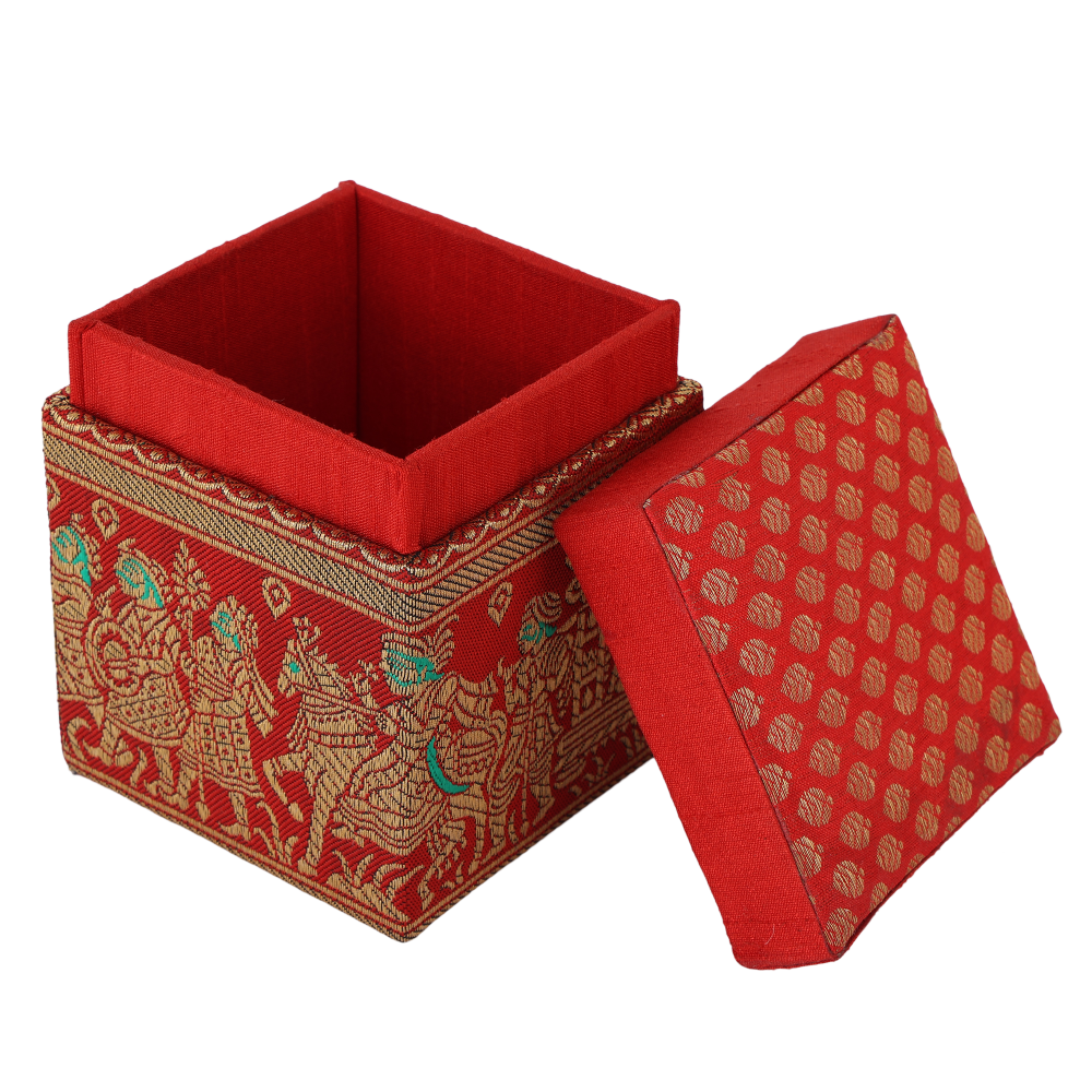 Indha Handcrafted Gift Box | Red Brocade Gift Box | Red Dupion Silk Gift Box | Indian Wedding Theme Hand Woven | Wedding Gift Box | Gifting | Utility Box | Gift Box | Handmade | Ethic Gift Box | Wedding Hamper Gift Box | Wedding Jewellery Box