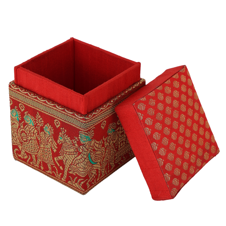 Indha Handcrafted Gift Box | Red Brocade Gift Box | Red Dupion Silk Gift Box | Indian Wedding Theme Hand Woven | Wedding Gift Box | Gifting | Utility Box | Gift Box | Handmade | Ethic Gift Box | Wedding Hamper Gift Box | Wedding Jewellery Box