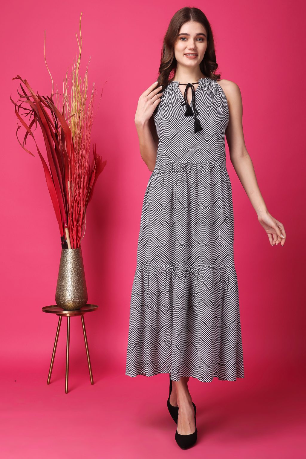 Indha Women Block Printed Flared Black &amp; White Dress  | Zig Zag Print Long Dress | Rayon Dress -XL