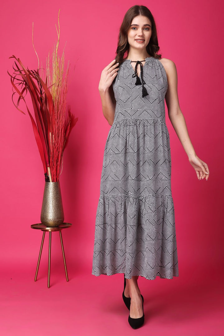 Indha Women Block Printed Flared Black &amp; White Dress  | Zig Zag Print Long Dress | Rayon Dress -XL