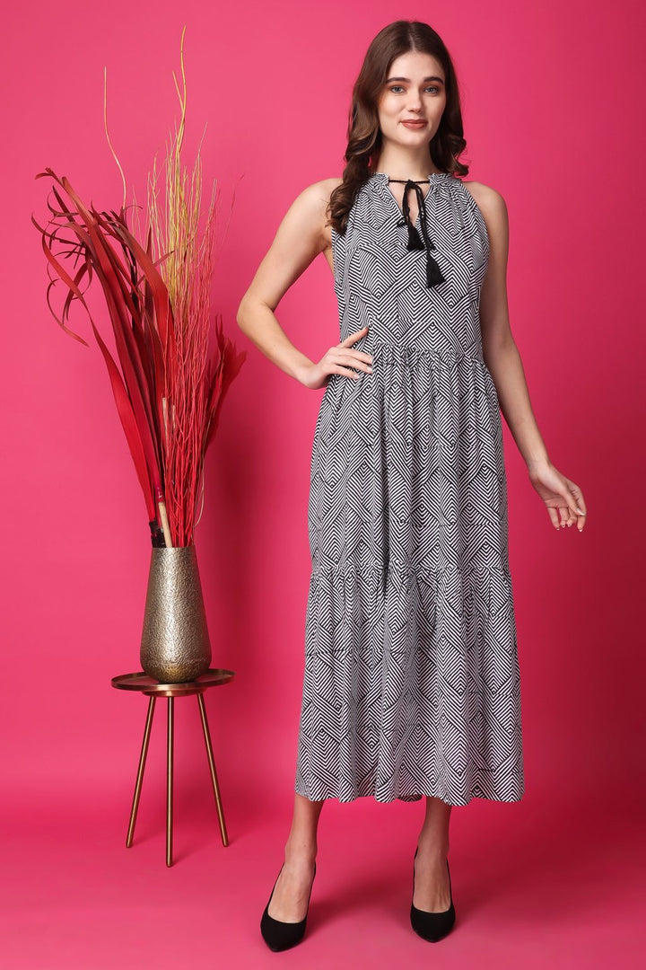 Indha Women Block Printed Flared Black &amp; White Dress  | Zig Zag Print Long Dress | Rayon Dress -XL