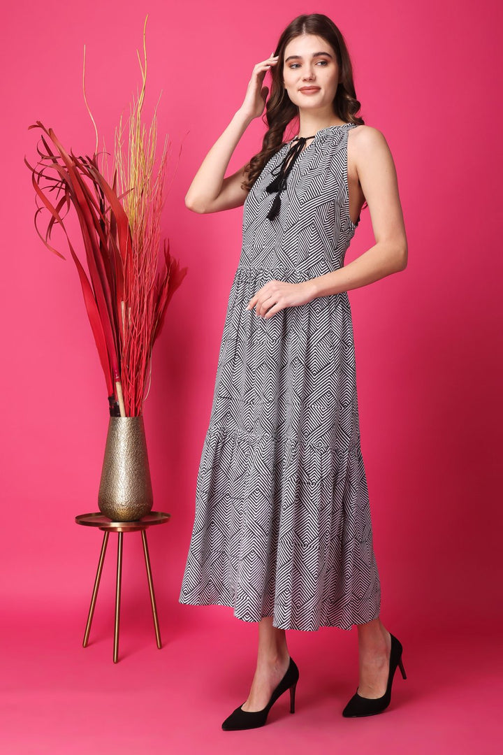 Indha Women Block Printed Flared Black &amp; White Dress  | Zig Zag Print Long Dress | Rayon Dress -XL