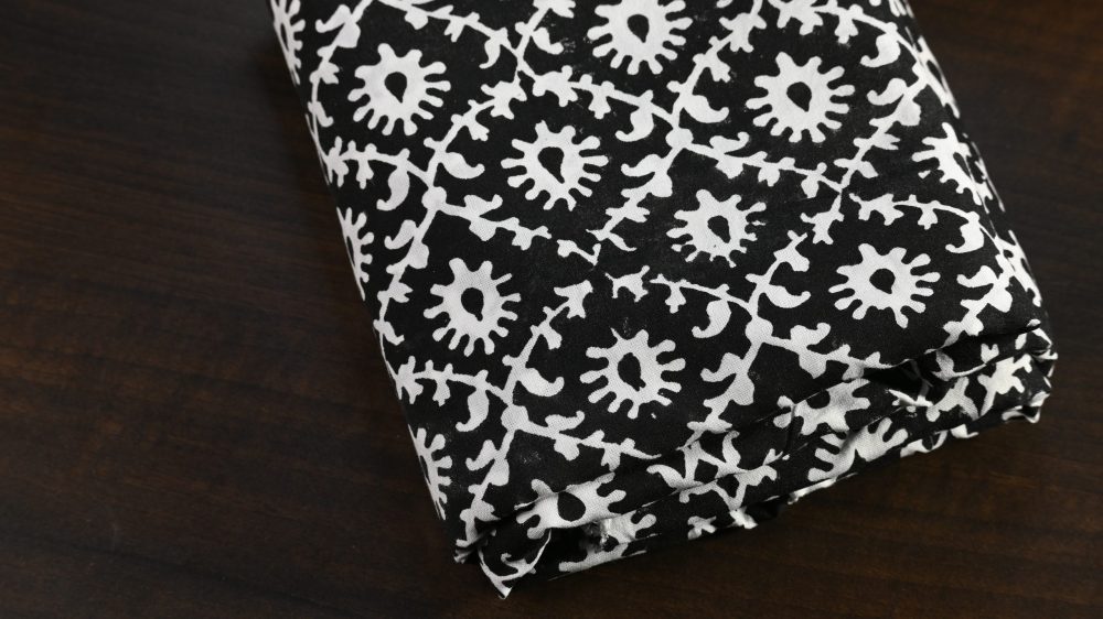 INDHA Hand Block-Printed Jaipuri Cotton Fabric Black | White Dancing Peacock Motif  Fabric | Hand Block Printed Fabric | Home Utility | Fashion Utility | Gifting | Gifts For Him | Gifts For Her | Home Furnishing | 3 Meter X 42-44 Wide