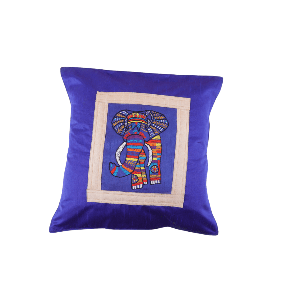 Indha Hand Embroidered Cushion Cover Elephant Embroidery | Dupion Silk Cushion Cover |  Corporate Gifting | Home Furnishing | Home Improvement | Home Decor | Set of 2,16x16 Inches Cushion Cover