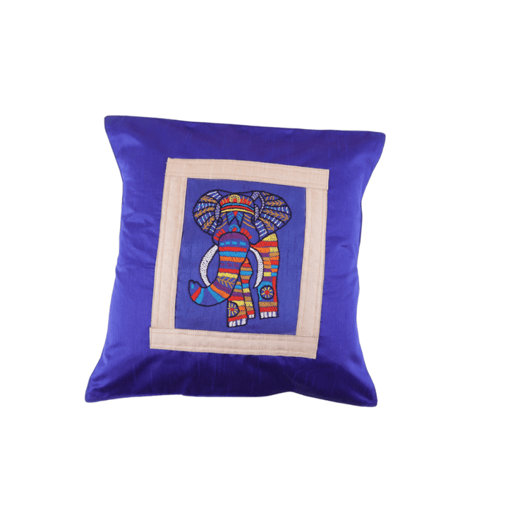 Indha Hand Embroidered Cushion Cover Elephant Embroidery | Dupion Silk Cushion Cover |  Corporate Gifting | Home Furnishing | Home Improvement | Home Decor | Set of 2,16x16 Inches Cushion Cover