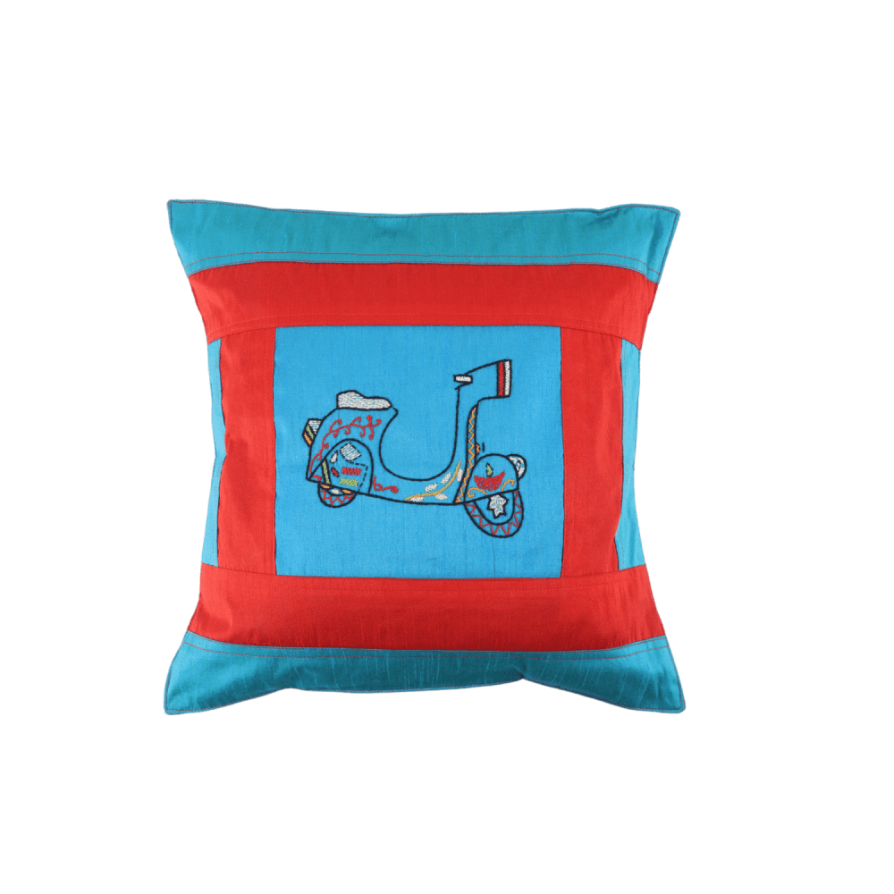 Indha Hand Embroidered Cushion Cover Scooter Embroidery | Dupion Silk Cushion Cover |  Corporate Gifting | Home Furnishing | Home Improvement | Home Decor | Set of 2,16x16 Inches Cushion Cover