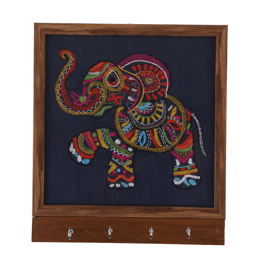 Indha Handcrafted Key Holder | Navy Blue Dupion Silk Key Holder| Hand Embroidered Chain Stitch And Kantha Work Multicolor Elephant Design |