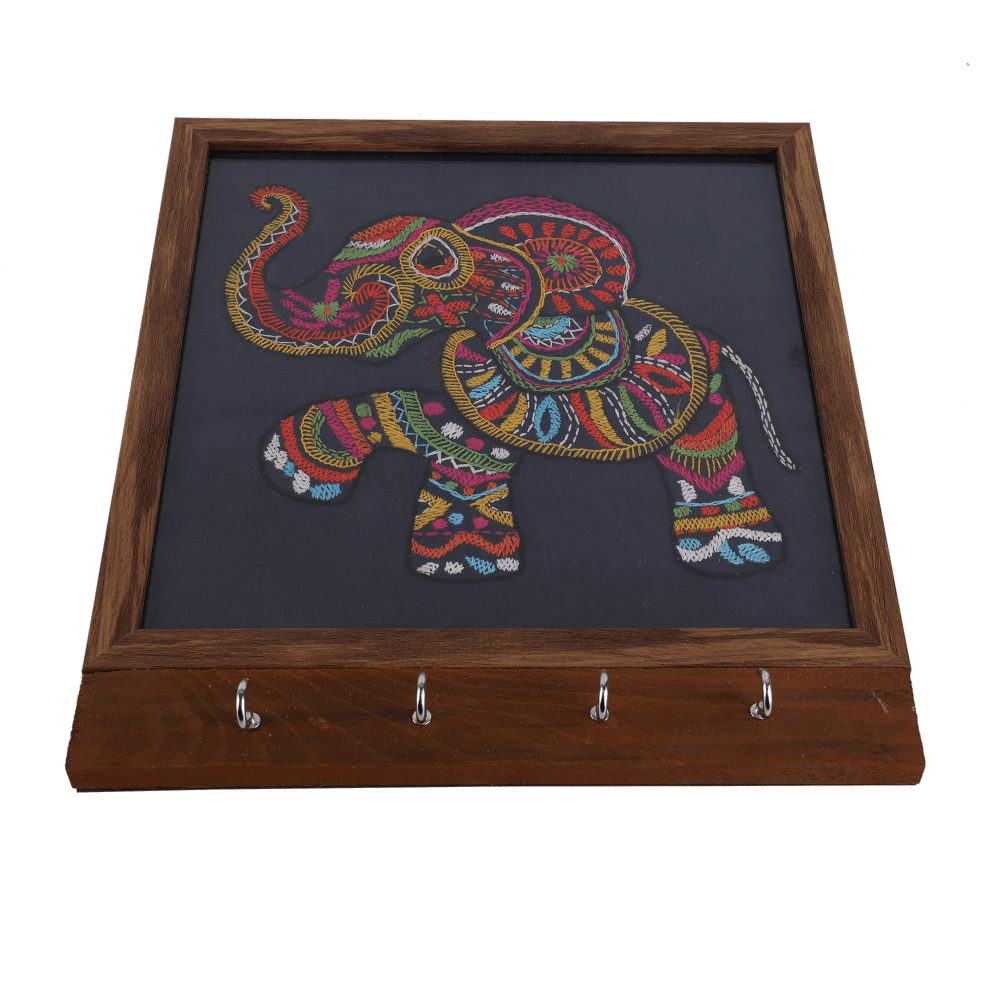 Indha Handcrafted Key Holder | Navy Blue Dupion Silk Key Holder| Hand Embroidered Chain Stitch And Kantha Work Multicolor Elephant Design |