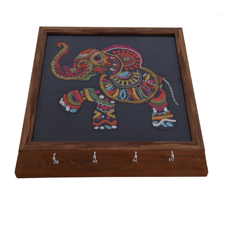 Indha Handcrafted Key Holder | Navy Blue Dupion Silk Key Holder| Hand Embroidered Chain Stitch And Kantha Work Multicolor Elephant Design |