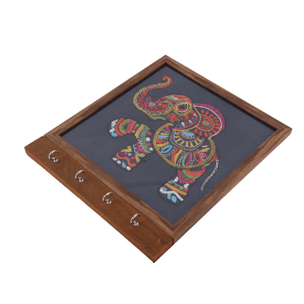 Indha Handcrafted Key Holder | Navy Blue Dupion Silk Key Holder| Hand Embroidered Chain Stitch And Kantha Work Multicolor Elephant Design |