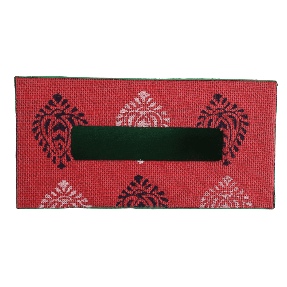 INDHA Tissue Box Jute Block Printed  | Designer Hand Block Printed Tissue Box | Block Printed Design Tissue Box | Home Utility | Car Utility | Handmade | Gifting | Red Tissue Box | Utility Product | Handcrafted