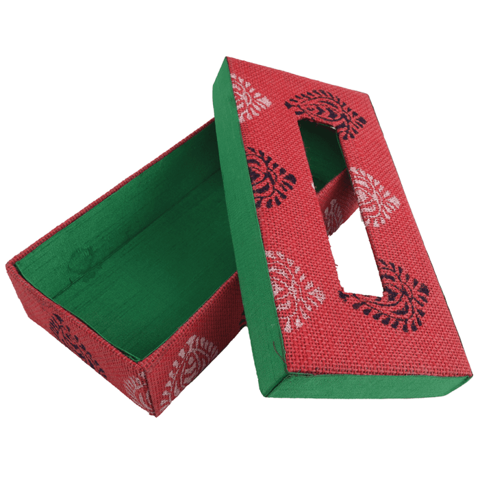 INDHA Tissue Box Jute Block Printed  | Designer Hand Block Printed Tissue Box | Block Printed Design Tissue Box | Home Utility | Car Utility | Handmade | Gifting | Red Tissue Box | Utility Product | Handcrafted