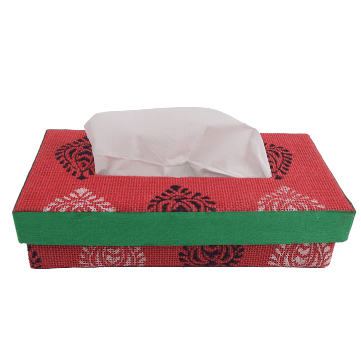INDHA Tissue Box Jute Block Printed  | Designer Hand Block Printed Tissue Box | Block Printed Design Tissue Box | Home Utility | Car Utility | Handmade | Gifting | Red Tissue Box | Utility Product | Handcrafted