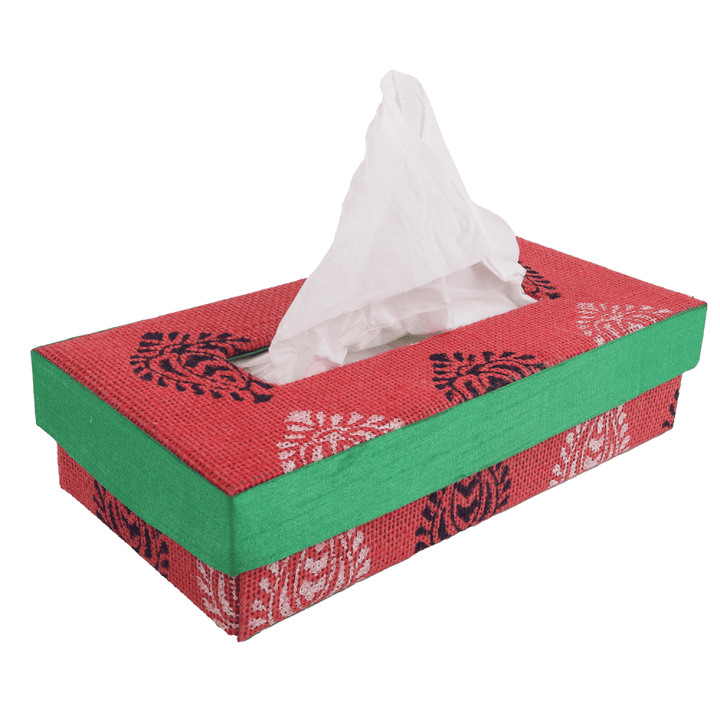 INDHA Tissue Box Jute Block Printed  | Designer Hand Block Printed Tissue Box | Block Printed Design Tissue Box | Home Utility | Car Utility | Handmade | Gifting | Red Tissue Box | Utility Product | Handcrafted