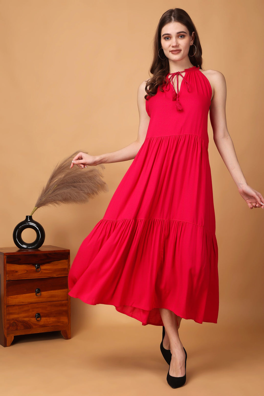 Indha Women Solid Flared Pink Dress  | Long Dress | Rayon Dress -XL
