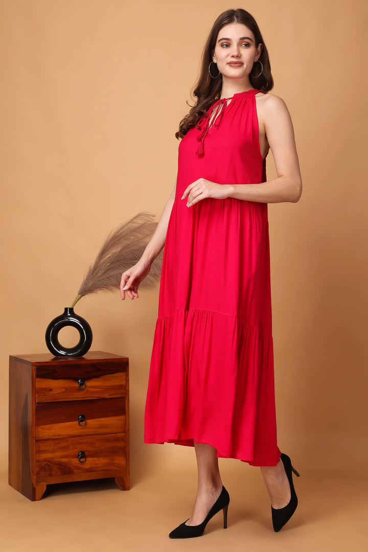 Indha Women Solid Flared Pink Dress  | Long Dress | Rayon Dress -XL