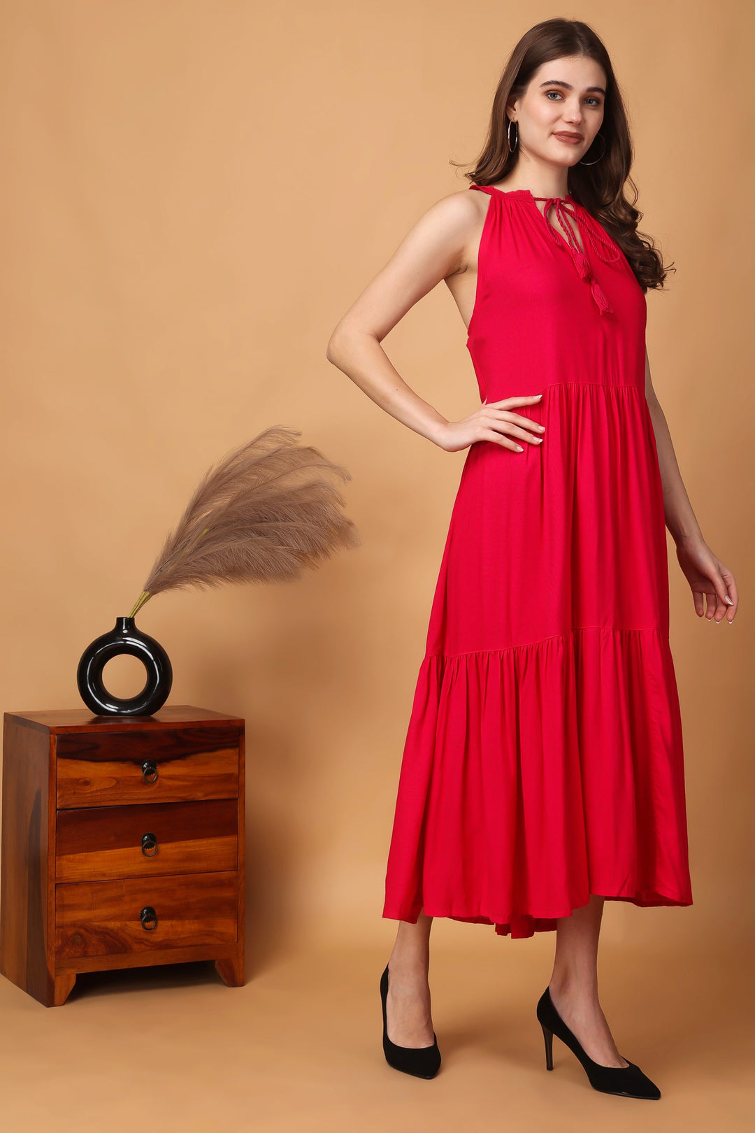 Indha Women Solid Flared Pink Dress  | Long Dress | Rayon Dress -XL