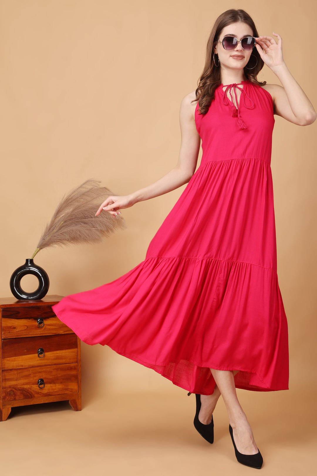 Indha Women Solid Flared Pink Dress  | Long Dress | Rayon Dress -XL