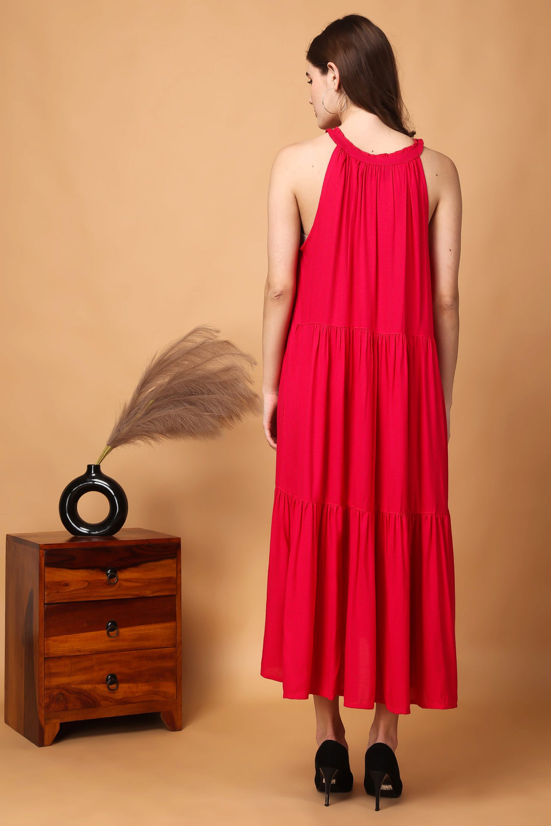 Indha Women Solid Flared Pink Dress  | Long Dress | Rayon Dress -XL