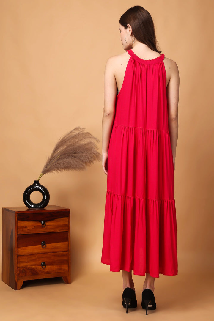 Indha Women Solid Flared Pink Dress  | Long Dress | Rayon Dress -XL