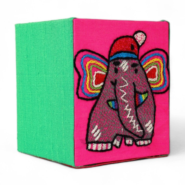 Indha Enhancing Pen Holder For Students | Handcrafted Pen-Organizer| Ocean Green Baby Pink Pen Stand| Cerise Red I Embroidered Elephant Design | Dual Colour Pen stand | Handmade Penholder|
