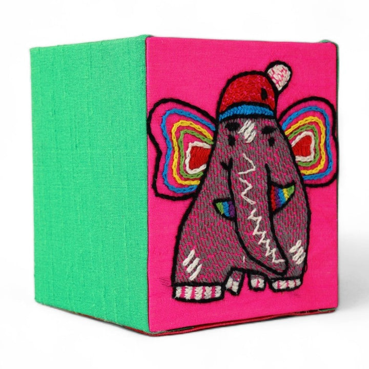 Indha Enhancing Pen Holder For Students | Handcrafted Pen-Organizer| Ocean Green Baby Pink Pen Stand| Cerise Red I Embroidered Elephant Design | Dual Colour Pen stand | Handmade Penholder|