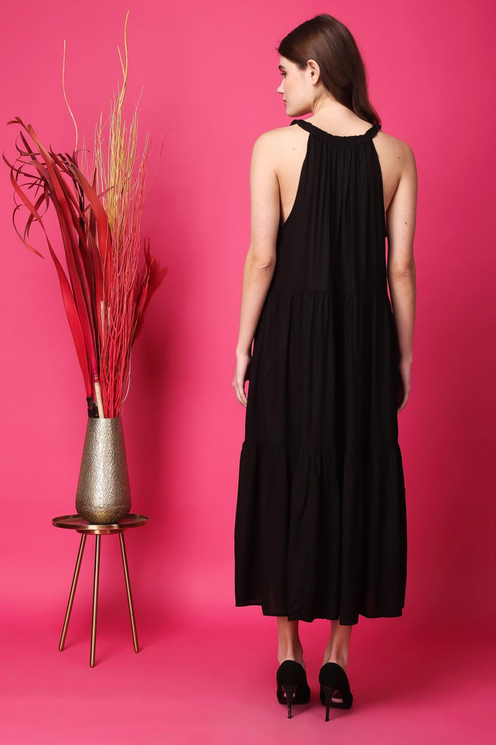 Indha Women Solid Flared Black Dress  | Long Dress | Rayon Dress -XL