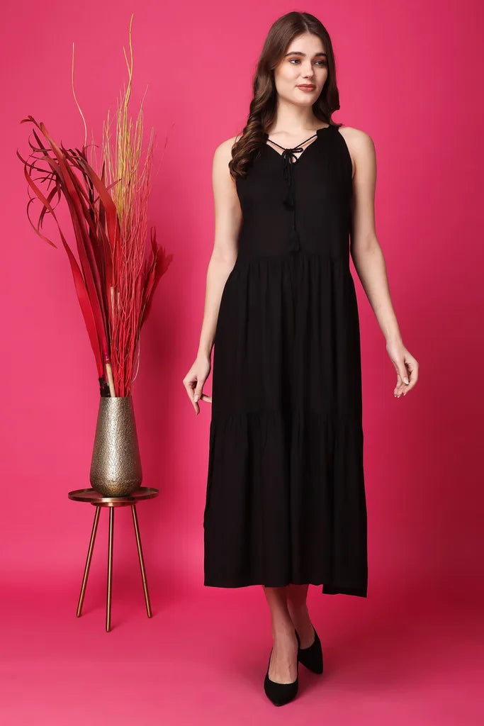 Indha Women Solid Flared Black Dress  | Long Dress | Rayon Dress -XL