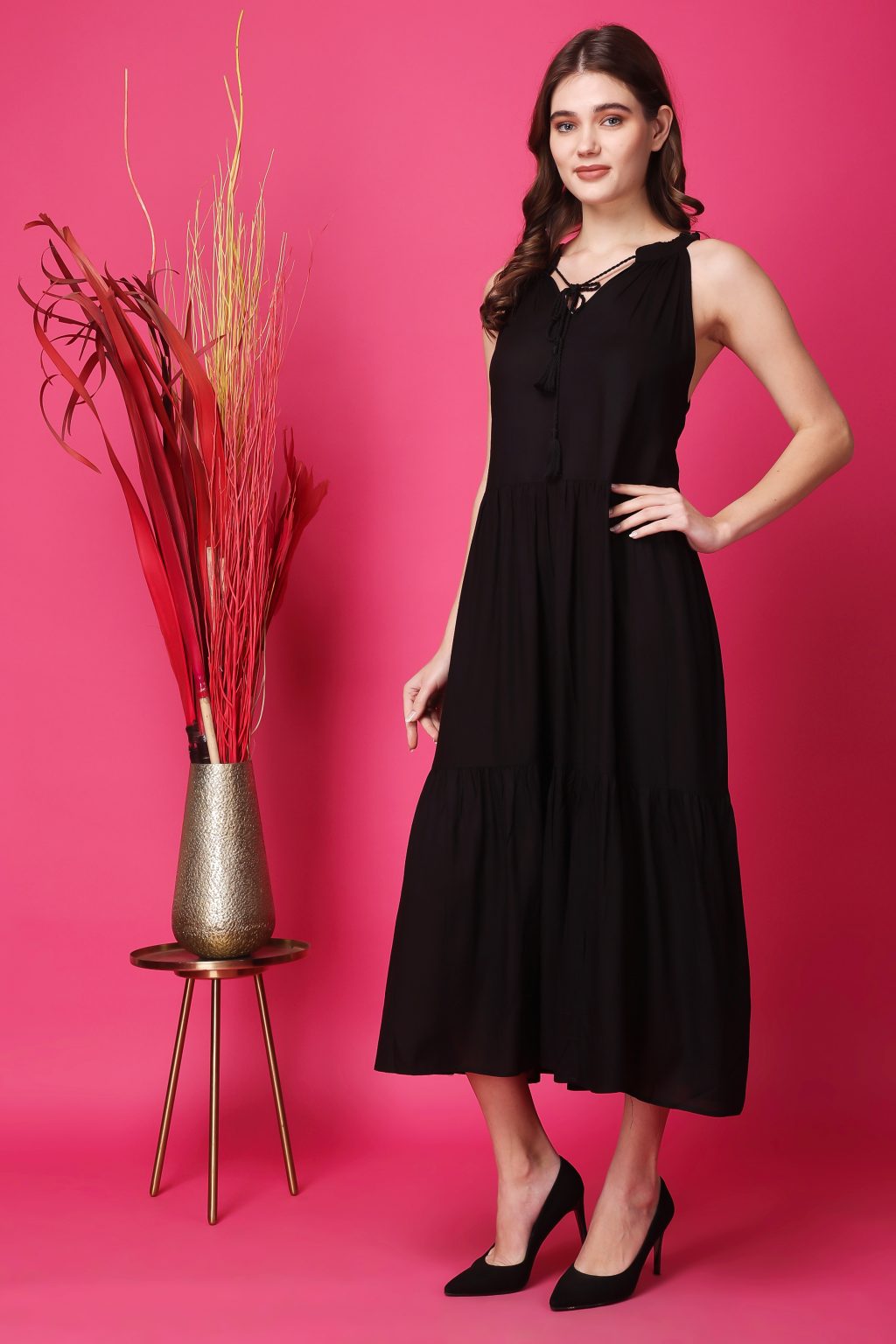 Indha Women Solid Flared Black Dress  | Long Dress | Rayon Dress -XL