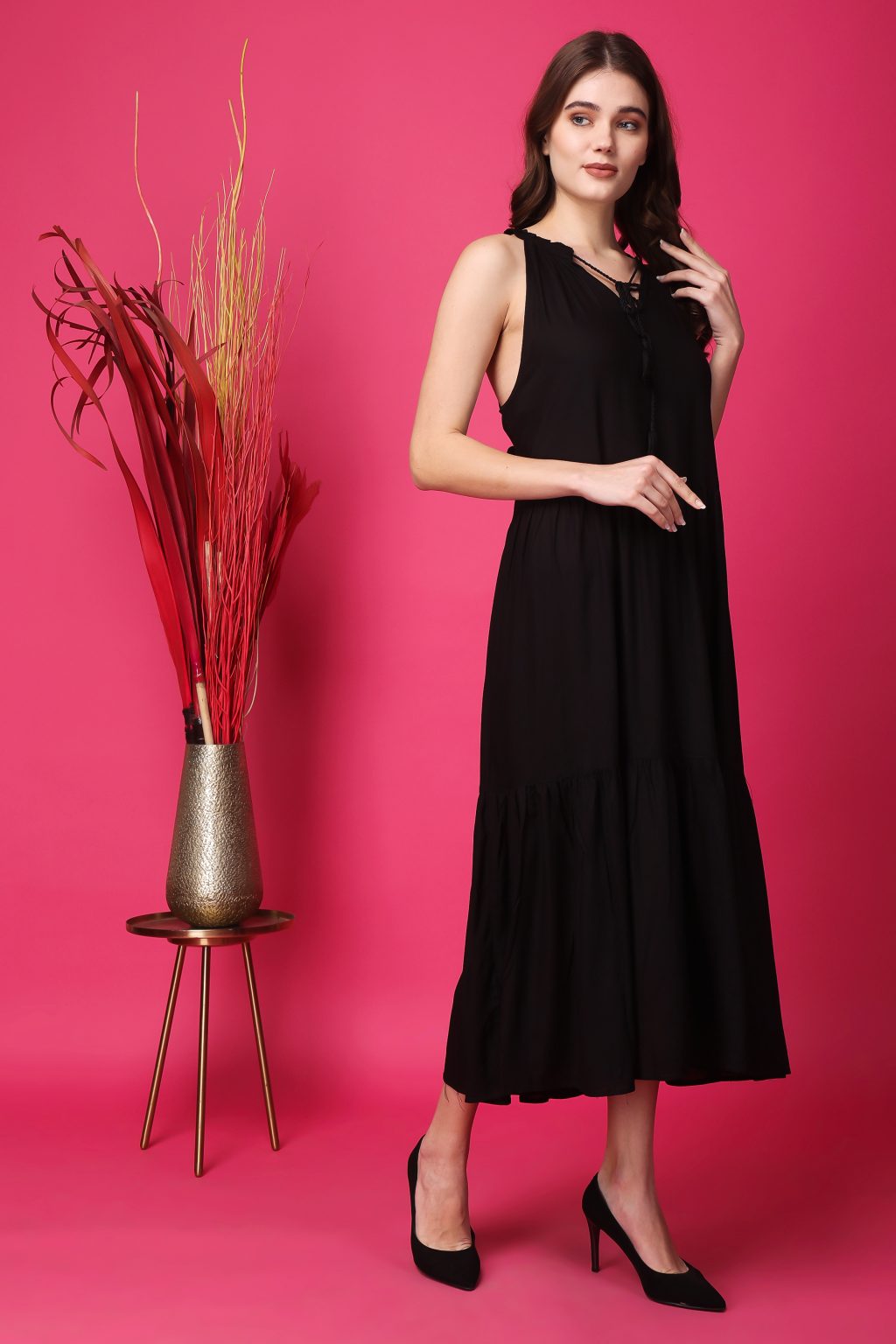 Indha Women Solid Flared Black Dress  | Long Dress | Rayon Dress -XL
