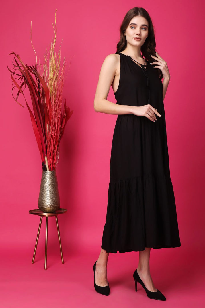 Indha Women Solid Flared Black Dress  | Long Dress | Rayon Dress -XL