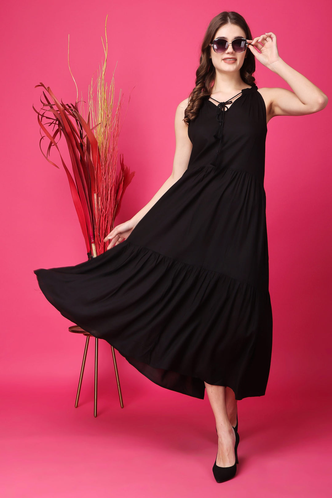 Indha Women Solid Flared Black Dress  | Long Dress | Rayon Dress -XL