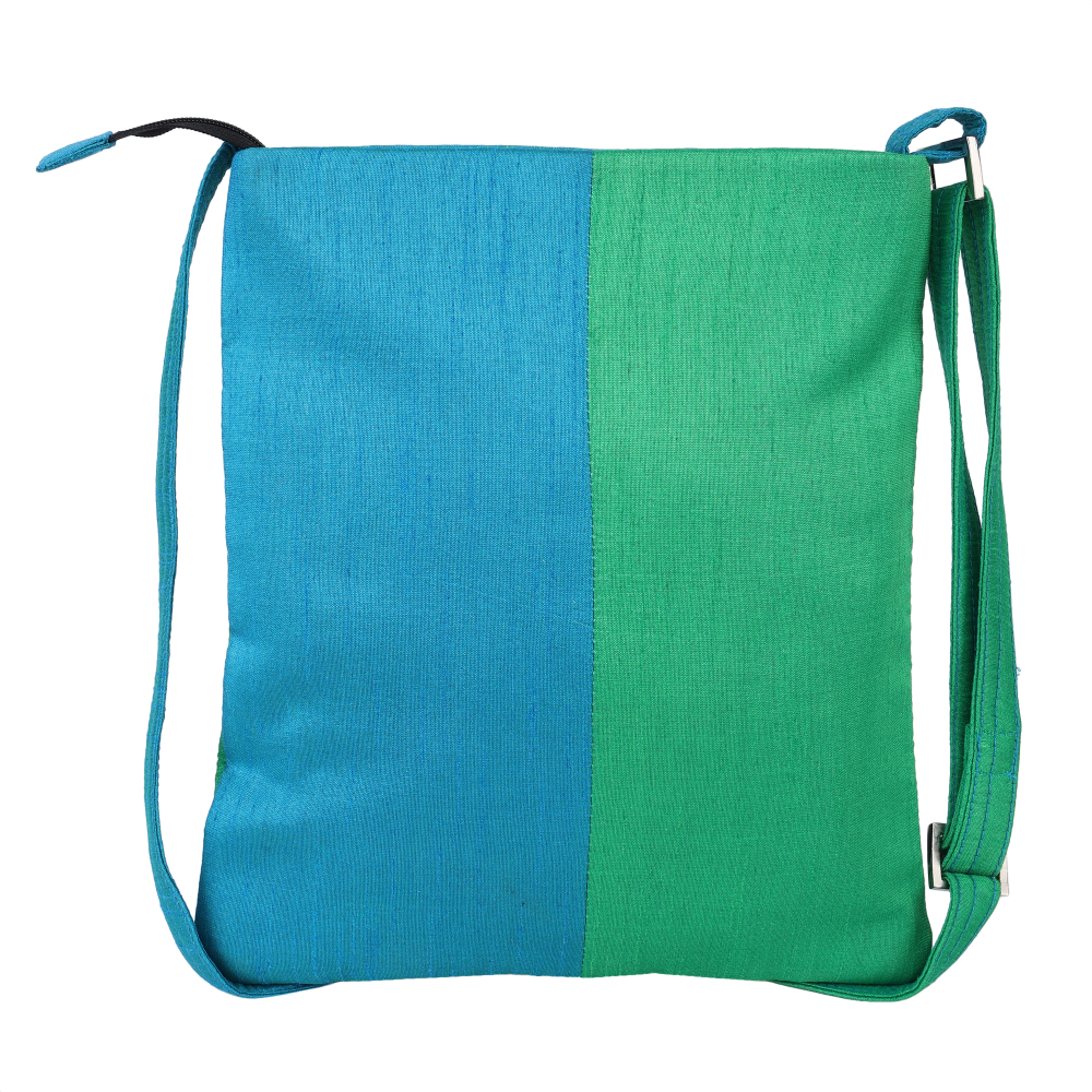 Indha Sling Bag| Handcrafted Sling Bag| Maroon, Green And Sky Blue Dupion Silk Sling Bag| Hand Embroidered Chain Stitch And Kantha Work Multicolor Giraffe Face Design | Travel Utility | Cross Body Bag