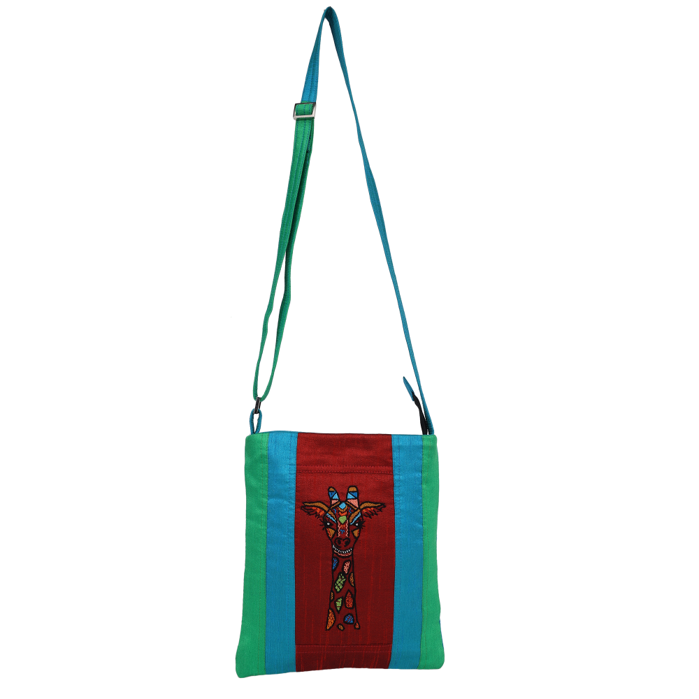 Indha Sling Bag| Handcrafted Sling Bag| Maroon, Green And Sky Blue Dupion Silk Sling Bag| Hand Embroidered Chain Stitch And Kantha Work Multicolor Giraffe Face Design | Travel Utility | Cross Body Bag