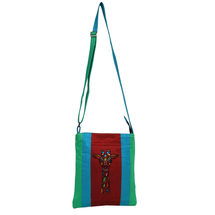Indha Sling Bag| Handcrafted Sling Bag| Maroon, Green And Sky Blue Dupion Silk Sling Bag| Hand Embroidered Chain Stitch And Kantha Work Multicolor Giraffe Face Design | Travel Utility | Cross Body Bag