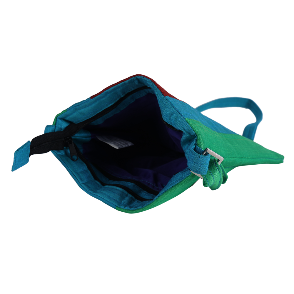 Indha Sling Bag| Handcrafted Sling Bag| Maroon, Green And Sky Blue Dupion Silk Sling Bag| Hand Embroidered Chain Stitch And Kantha Work Multicolor Giraffe Face Design | Travel Utility | Cross Body Bag