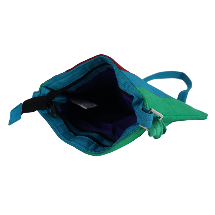 Indha Sling Bag| Handcrafted Sling Bag| Maroon, Green And Sky Blue Dupion Silk Sling Bag| Hand Embroidered Chain Stitch And Kantha Work Multicolor Giraffe Face Design | Travel Utility | Cross Body Bag