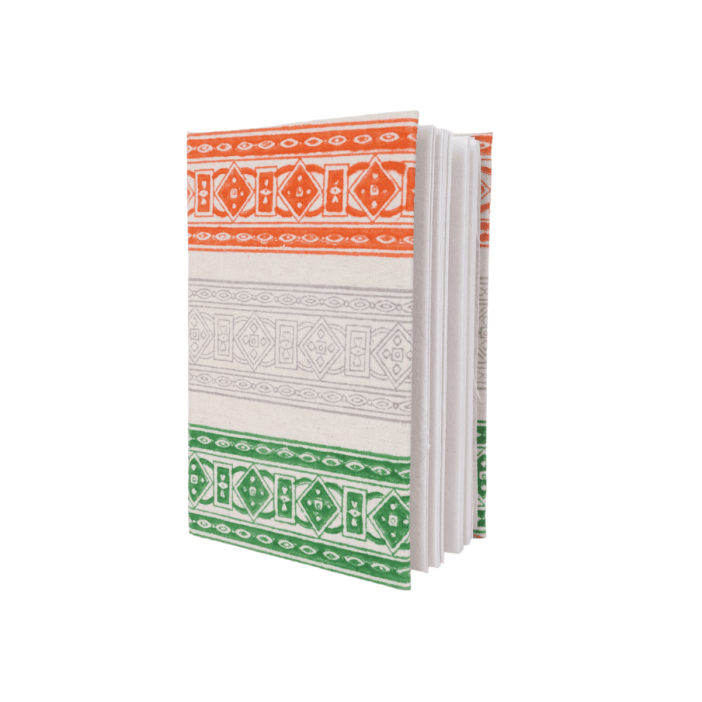 INDHA Tri-colour Block Printed Diary | Handmade Recycled Paper | 50 Plain Pages | 5.0 x 7.0 inches | Tri-colour Corporate Gift Diary | Independence &amp; Republic Day Gifts