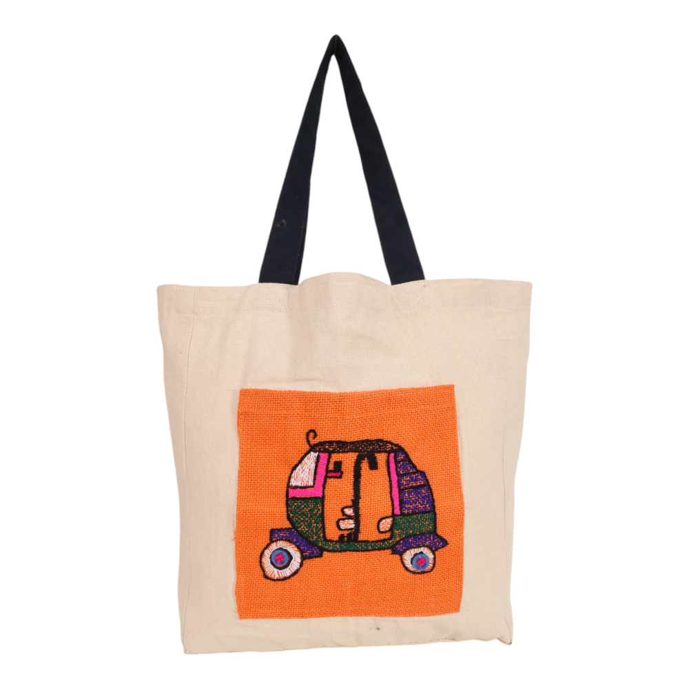 Indha Auto Rickshaw Embroidered Cotton Canvas Tote Bag – A Stylish and Versatile Bag for Shopping, Everyday Use, and Cultural Flair