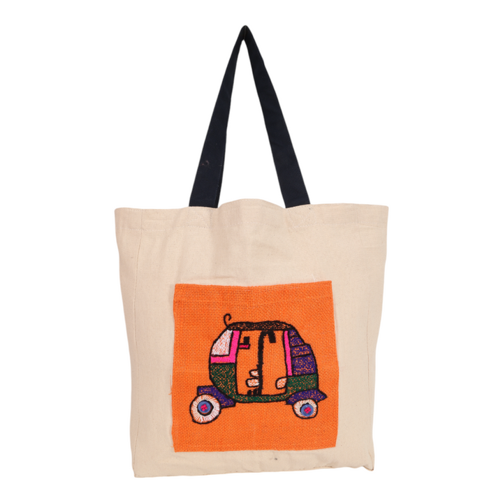 Indha Auto Rickshaw Embroidered Cotton Canvas Tote Bag – A Stylish and Versatile Bag for Shopping, Everyday Use, and Cultural Flair