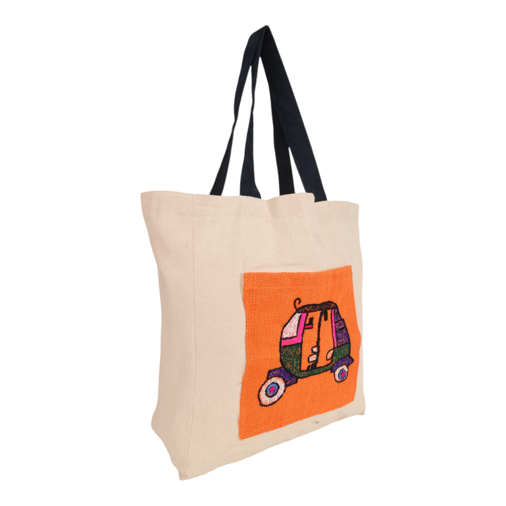 Indha Auto Rickshaw Embroidered Cotton Canvas Tote Bag – A Stylish and Versatile Bag for Shopping, Everyday Use, and Cultural Flair