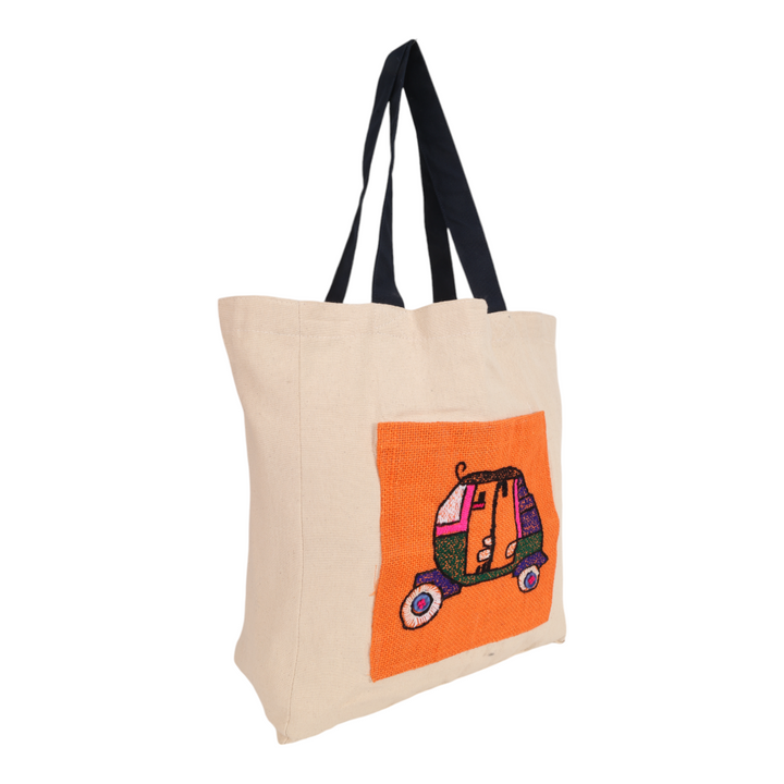 Indha Auto Rickshaw Embroidered Cotton Canvas Tote Bag – A Stylish and Versatile Bag for Shopping, Everyday Use, and Cultural Flair