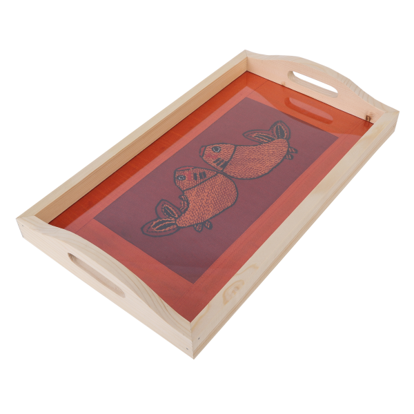 Indha Handmade Wooden Tray Fish Design | Orange And Maroon Dupion Silk Wooden Tray | Hand Embroidered Chain Stitch And Kanth| Madhubani Fish Design | Hand Embroidered Serving Tray |
