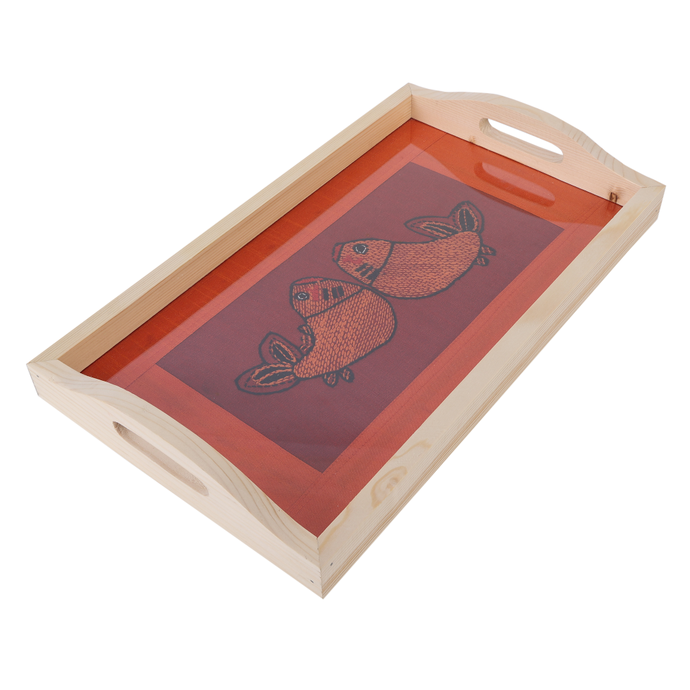 Indha Handmade Wooden Tray Fish Design | Orange And Maroon Dupion Silk Wooden Tray | Hand Embroidered Chain Stitch And Kanth| Madhubani Fish Design | Hand Embroidered Serving Tray |