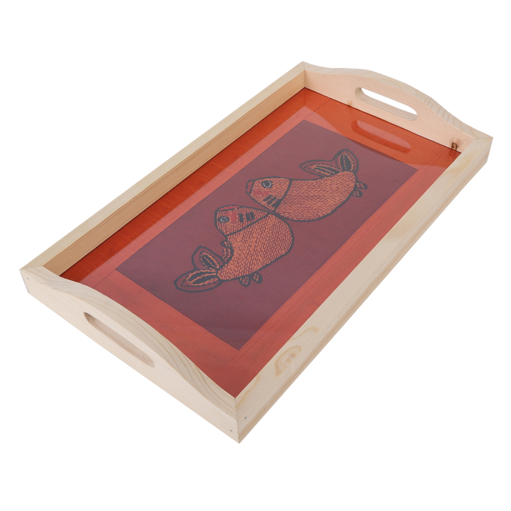 Indha Handmade Wooden Tray Fish Design | Orange And Maroon Dupion Silk Wooden Tray | Hand Embroidered Chain Stitch And Kanth| Madhubani Fish Design | Hand Embroidered Serving Tray |