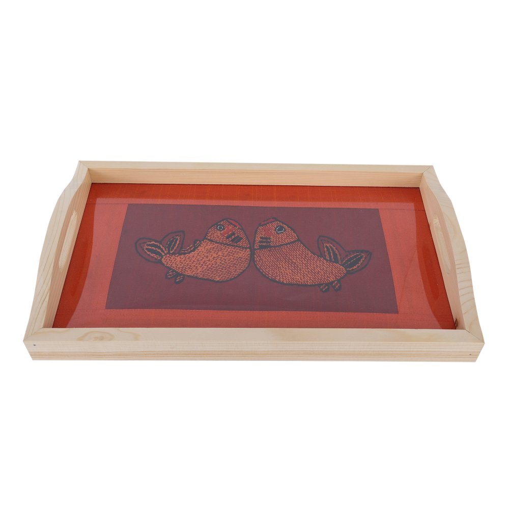 Indha Handmade Wooden Tray Fish Design | Orange And Maroon Dupion Silk Wooden Tray | Hand Embroidered Chain Stitch And Kanth| Madhubani Fish Design | Hand Embroidered Serving Tray |