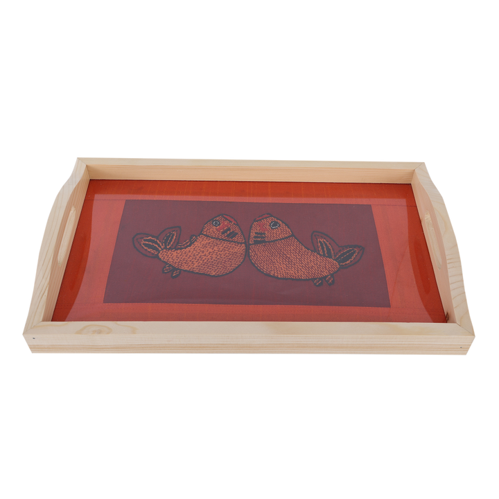 Indha Handmade Wooden Tray Fish Design | Orange And Maroon Dupion Silk Wooden Tray | Hand Embroidered Chain Stitch And Kanth| Madhubani Fish Design | Hand Embroidered Serving Tray |