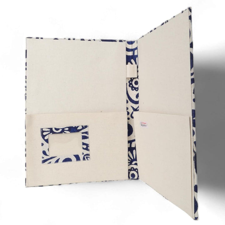 Indha Handcrafted Cotton File Folder | A4 Document Holder with Block Printed Design | Eco-Friendly & Sustainable | Ideal for Office Use & Gifting (White & Blue)
